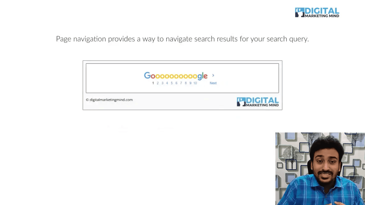 Presentation slide: 'Page navigation provides a way to navigate search results' with a Google pagination graphic and small presenter inset