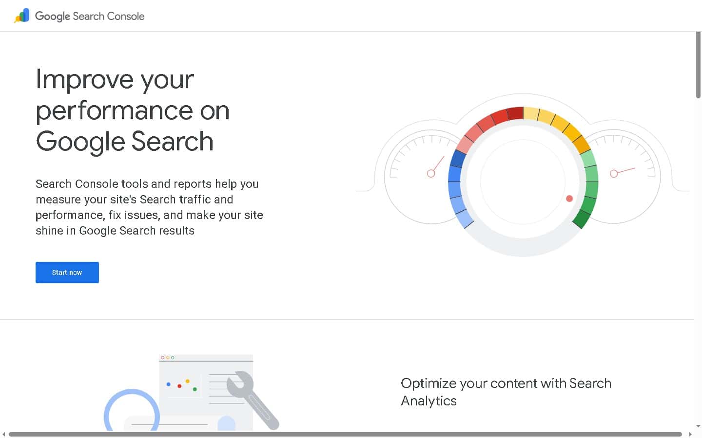 Google Search Console homepage showing search performance monitoring tools for measuring traffic, fixing issues, and improving rankings