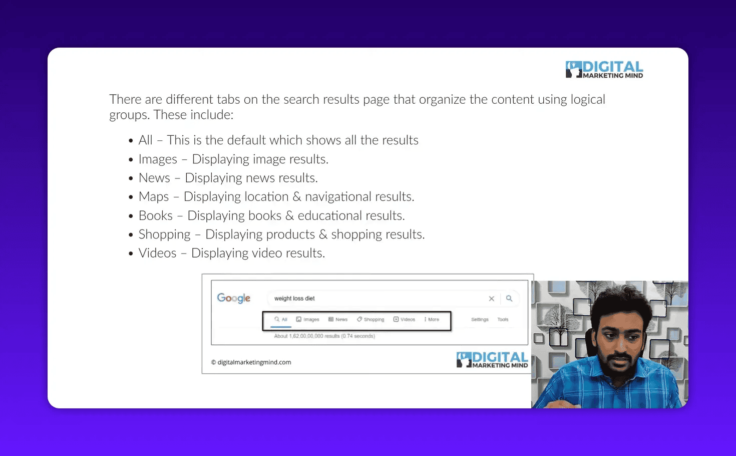 Clear slide showing the different Google result tabs with an inset screenshot of the tabs row