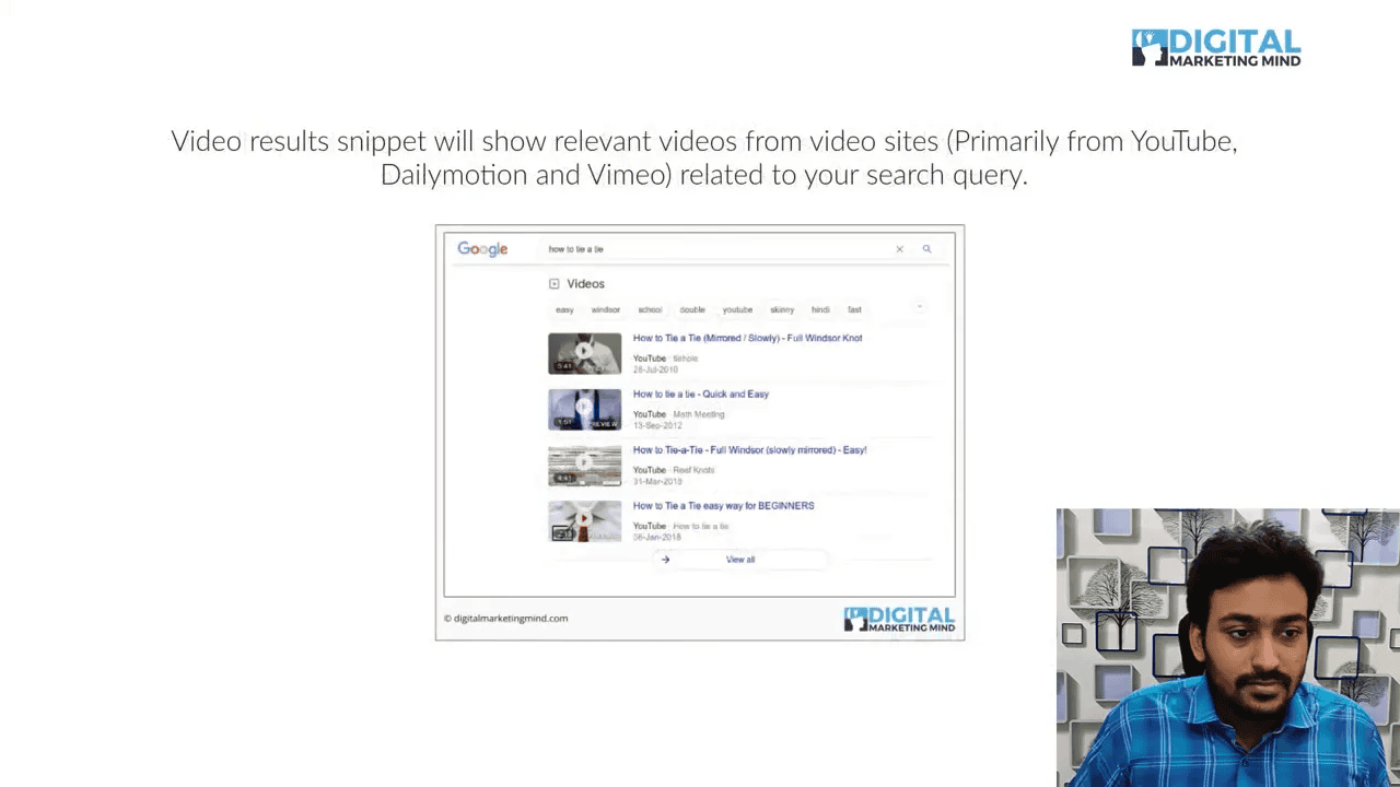 Presentation slide titled 'Video results snippet' showing a Google Videos result list with presenter inset