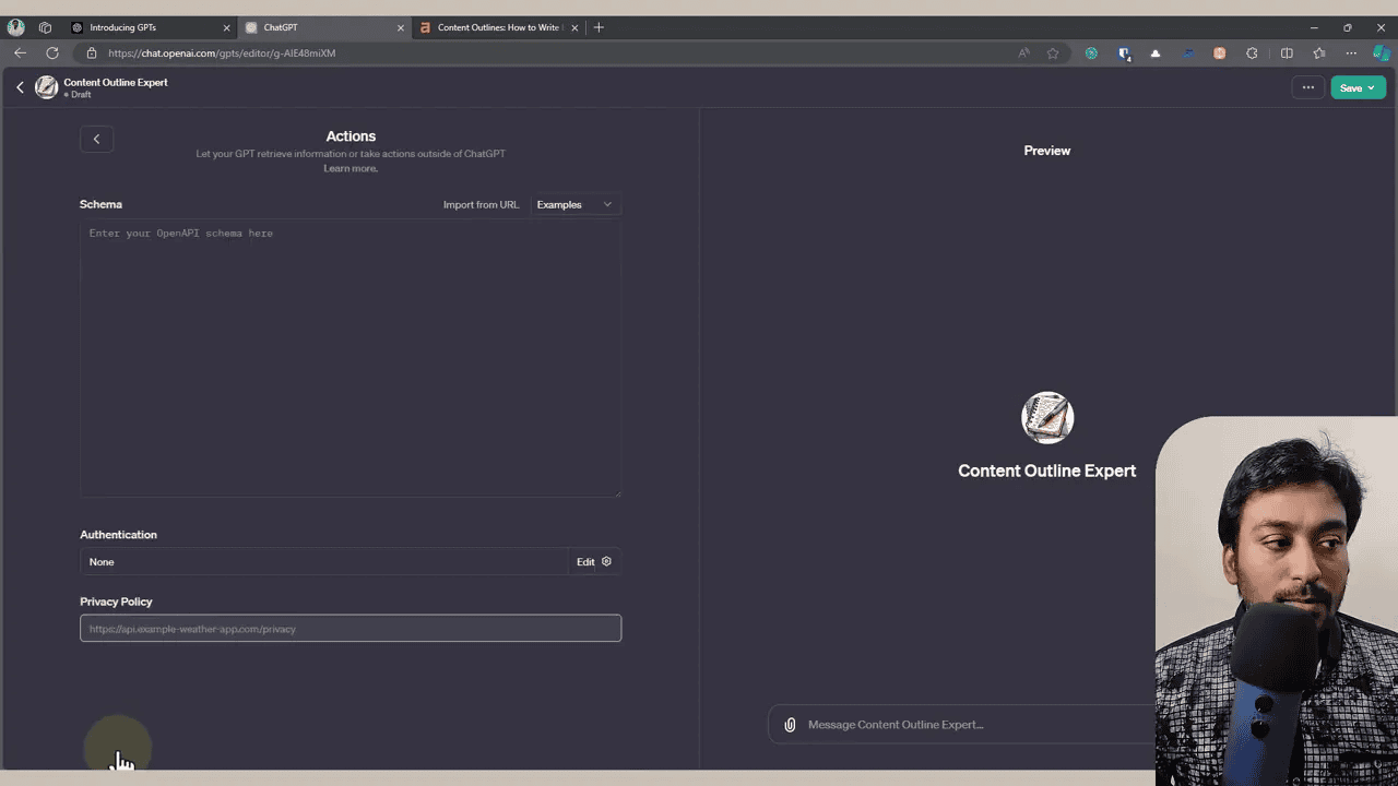 GPT builder Actions screen showing Schema box, Authentication and Privacy Policy fields with a small presenter inset in the corner.