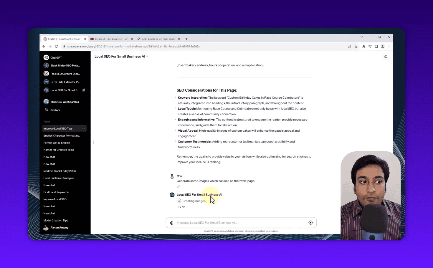 Clear screenshot of a ChatGPT window listing SEO considerations for a local bakery subpage, with the presenter visible in a rounded inset at the bottom-right.