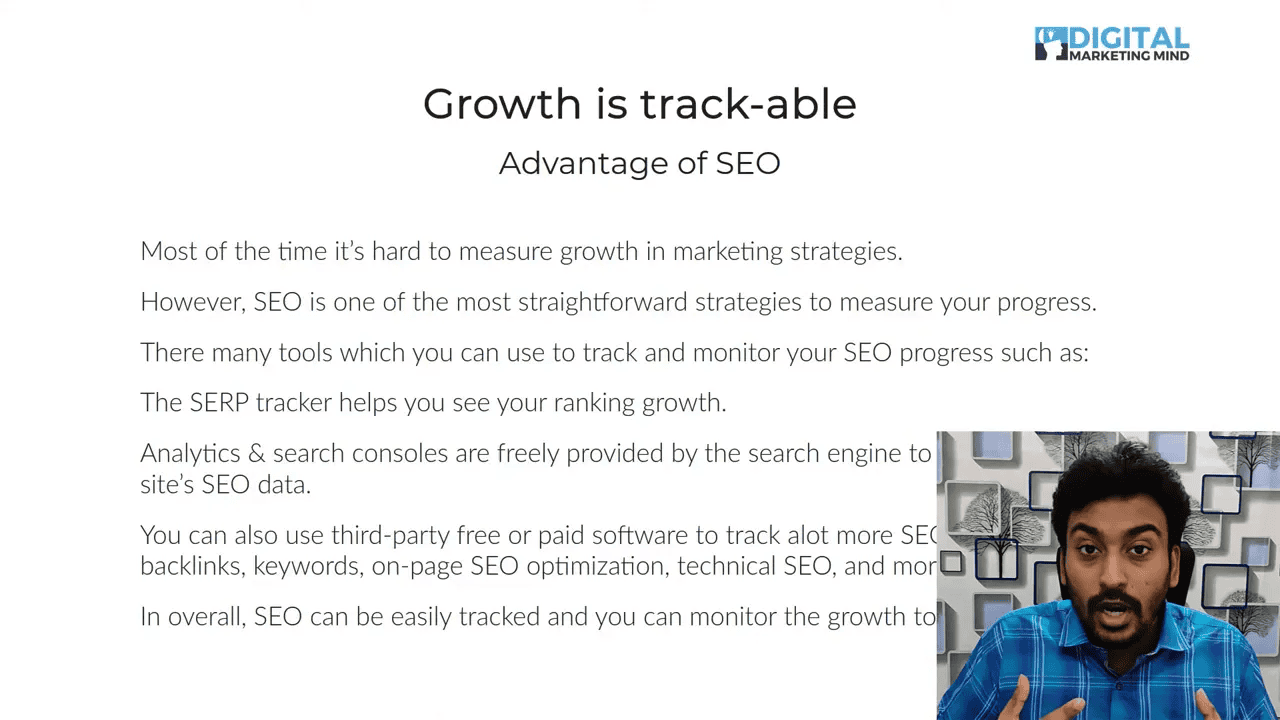Presentation slide titled 'Growth is track-able — Advantage of SEO' with bullet text about tracking SEO progress and a presenter inset at bottom-right.