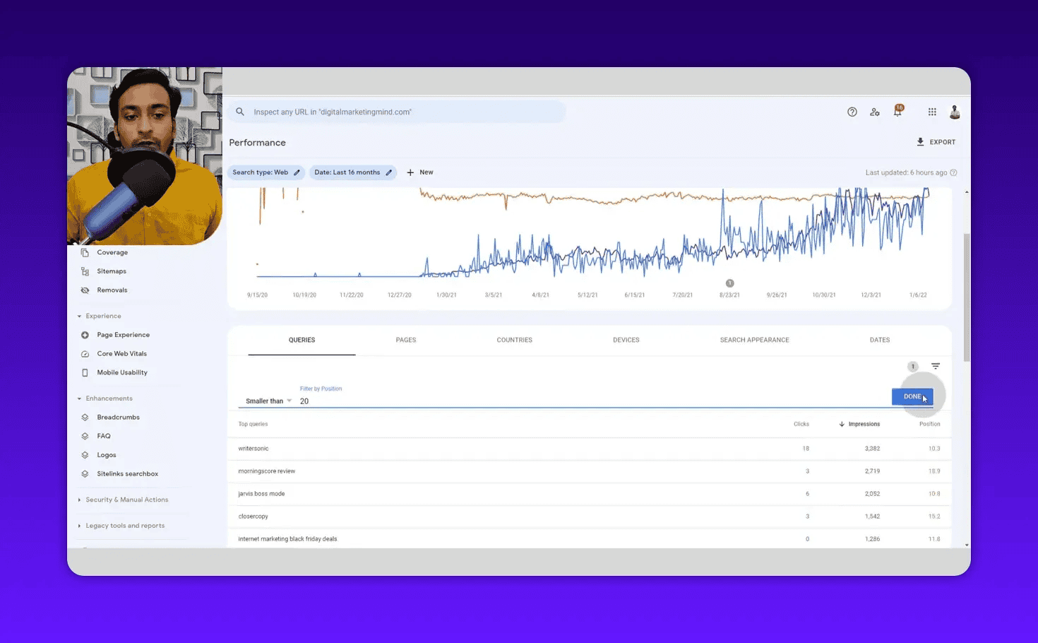 Google Search Console queries filtered by position smaller than 20 with 'Done' button