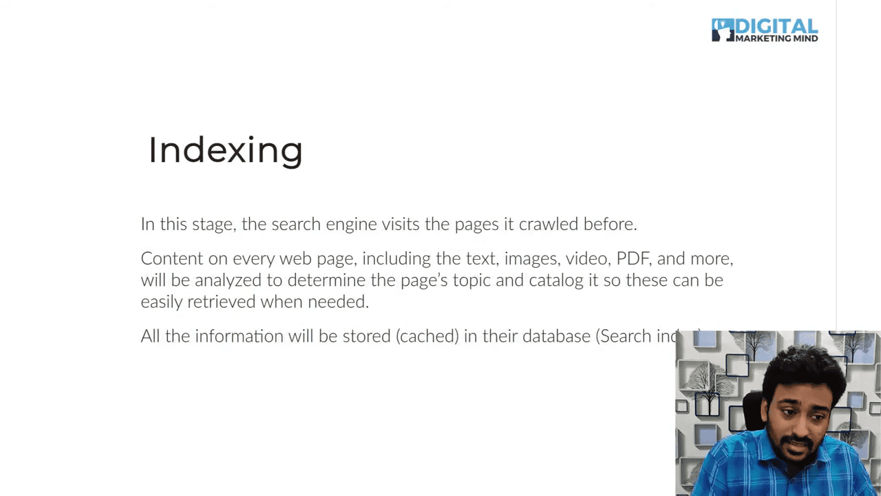 Slide titled 'Indexing' describing how search engines analyze text, images, video and PDFs and store cached copies.