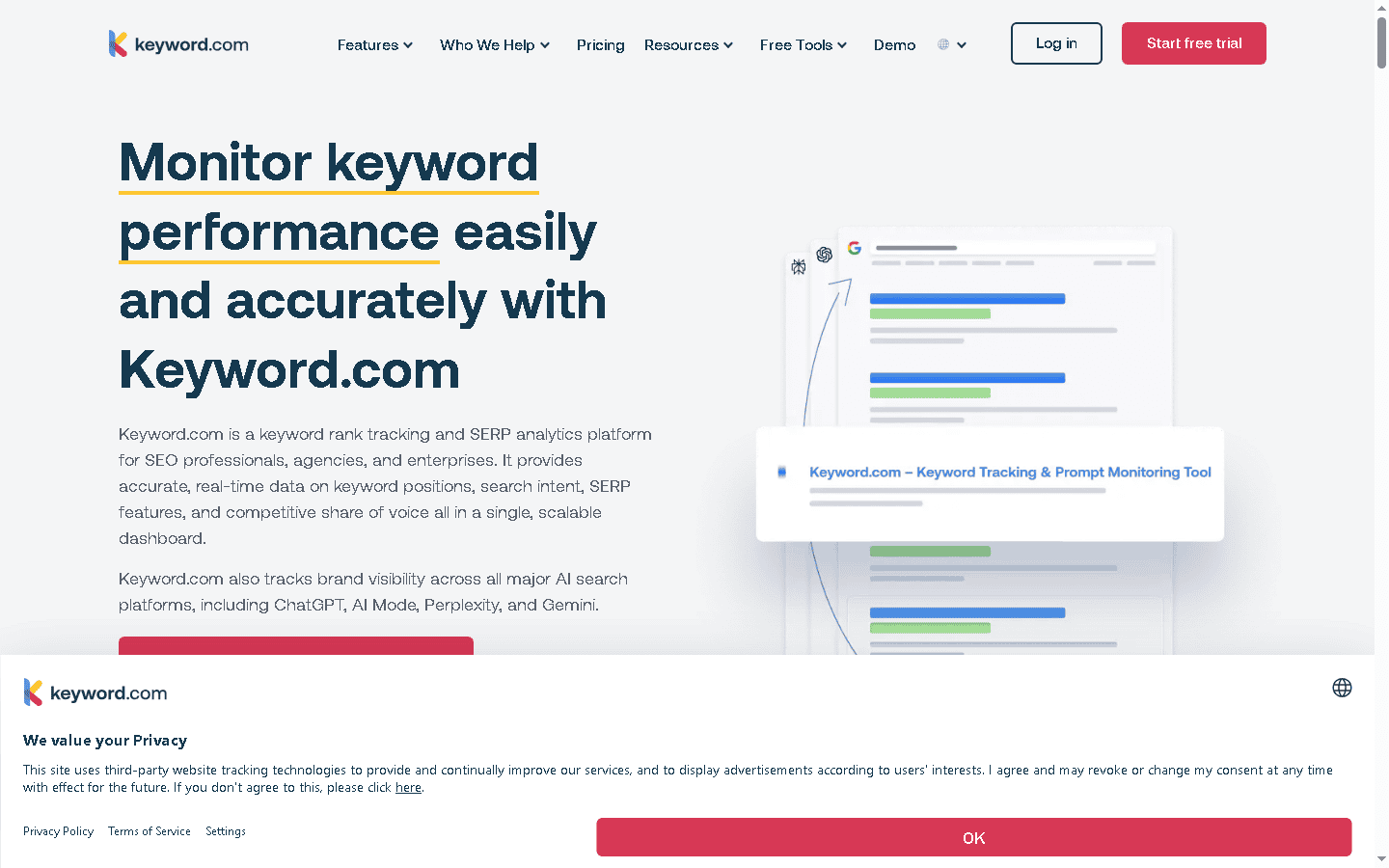 Keyword.com rank tracker homepage showing keyword performance monitoring with SERP analytics and AI search platform tracking