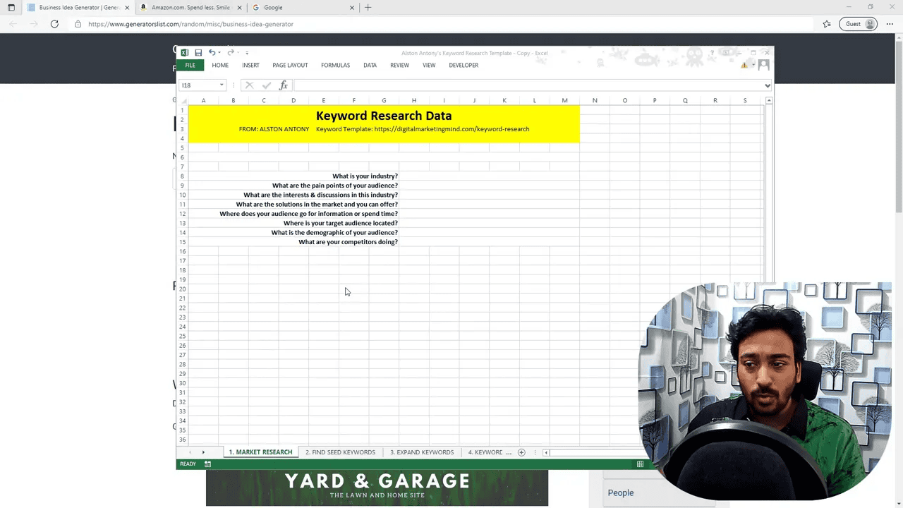 Screenshot of an Excel 'Keyword Research Data' template showing preparatory questions for market research with the presenter in a circular overlay at the lower-right.