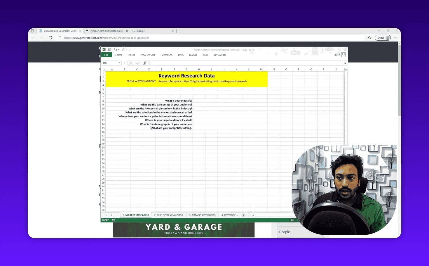 screenshot of keyword research spreadsheet template with yellow header and small presenter webcam in corner