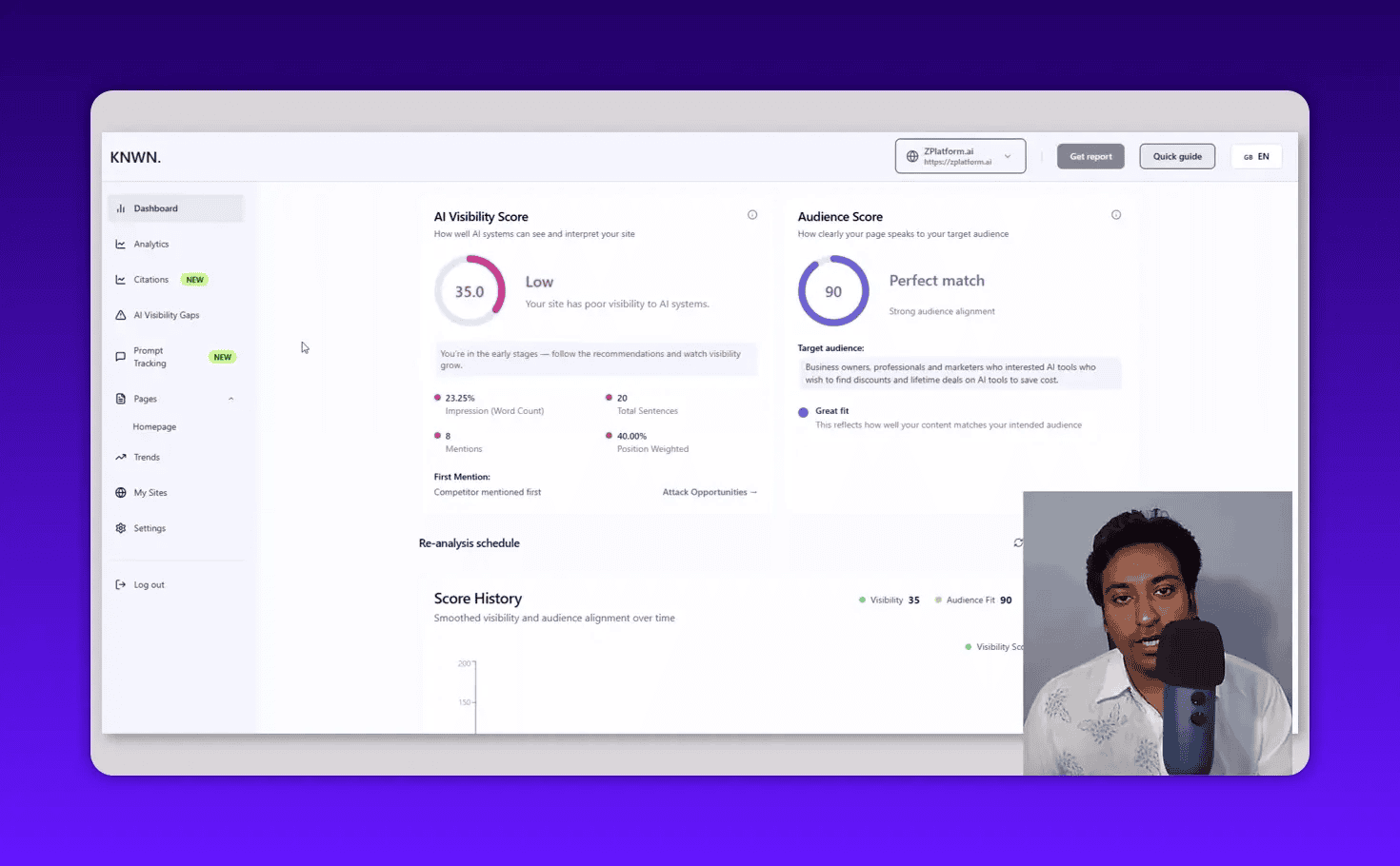 Clear Knwn dashboard screenshot showing AI Visibility Score (35) and Audience Score (90) with sidebar navigation and small presenter inset