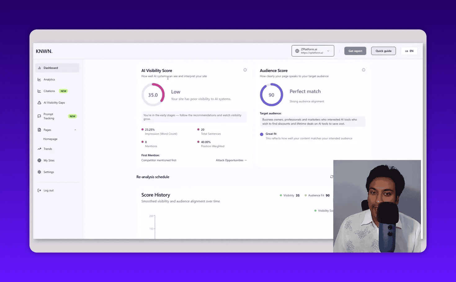 Clear screenshot of Knwn dashboard displaying AI Visibility Score (35 - Low) and Audience Score (90) with sidebar navigation and presenter in a corner.