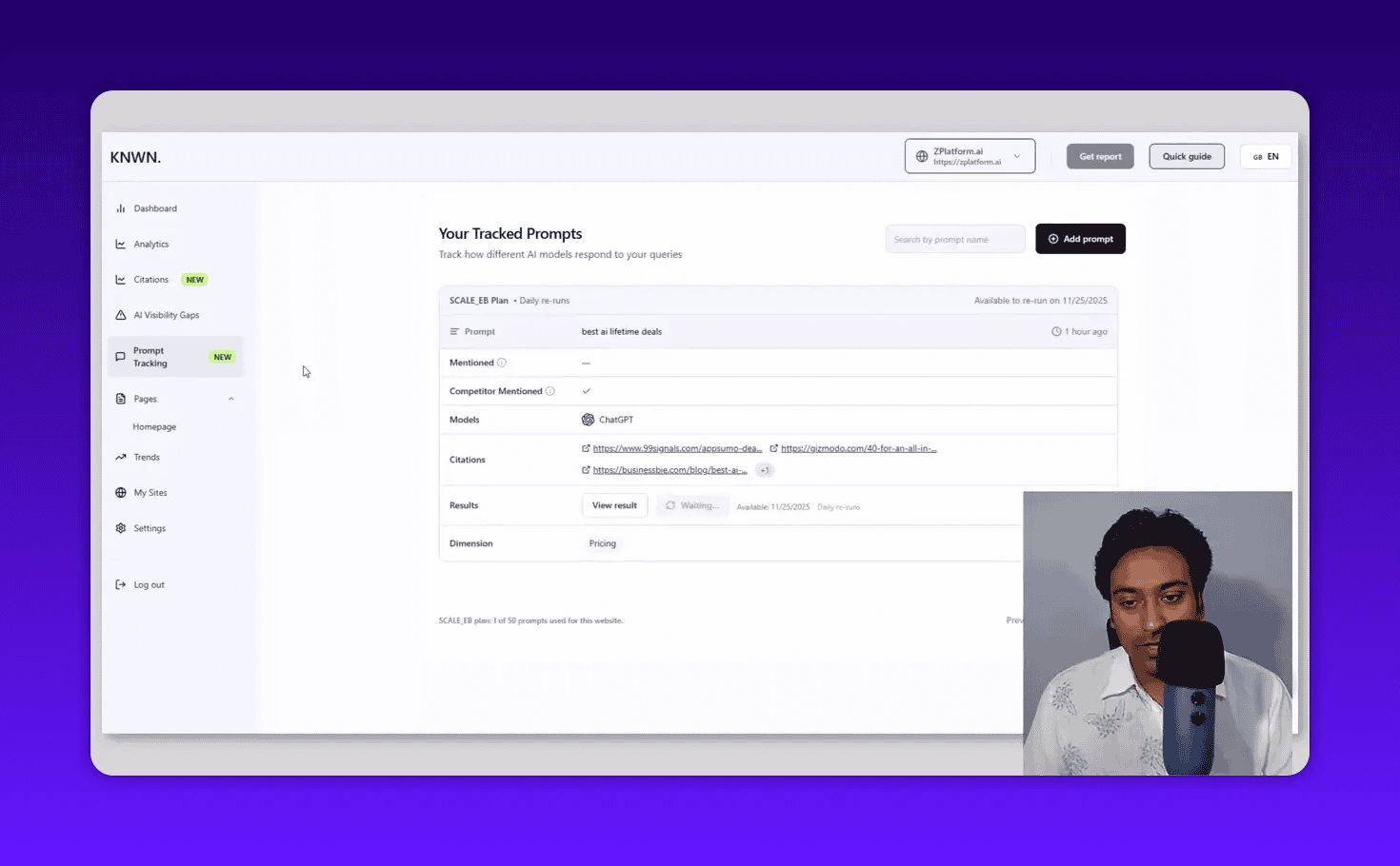 Knwn prompt tracking detail showing a tracked prompt 'best ai lifetime deals', model (ChatGPT), citation links and a View result button