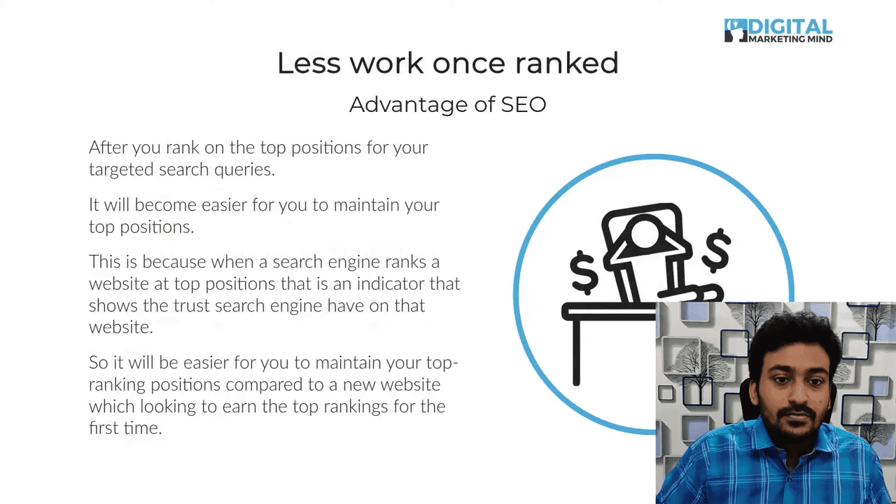 Presentation slide titled 'Less work once ranked — Advantage of SEO' with explanatory paragraphs about maintaining top positions and a small presenter inset at the lower-right.