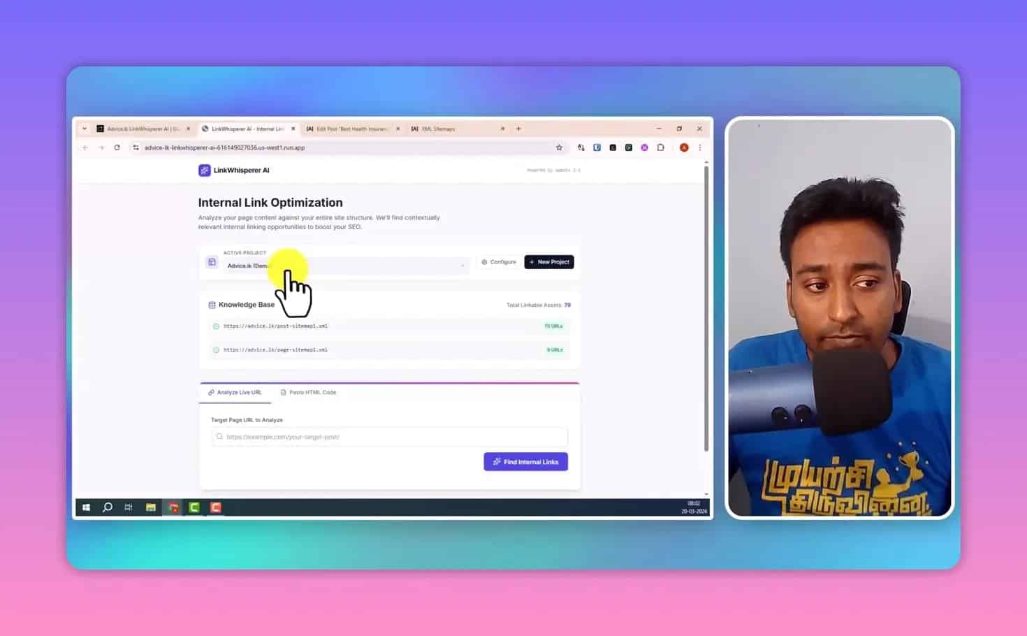 Link whisperer AI interface showing knowledge base and the option to find internal links for a target URL