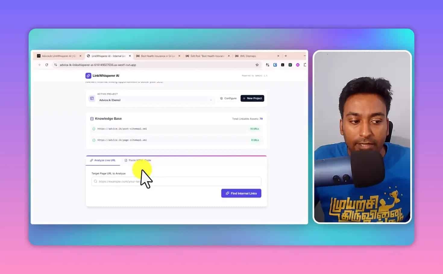 Screenshot of LinkWhisper AI showing an active project with sitemap-based knowledge base and a button to find internal links