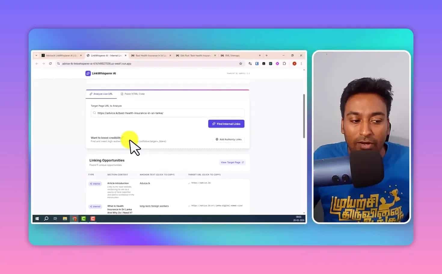 LinkWhisper AI results showing linking opportunities with section context and anchor text suggestions