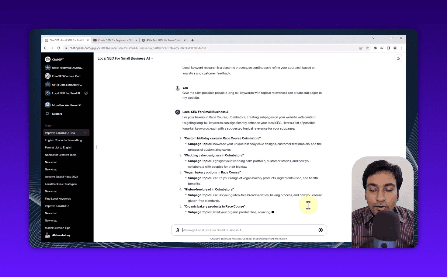 Clear screenshot of a numbered list of long‑tail subpage suggestions for a bakery in Racecourse, Coimbatore with presenter inset