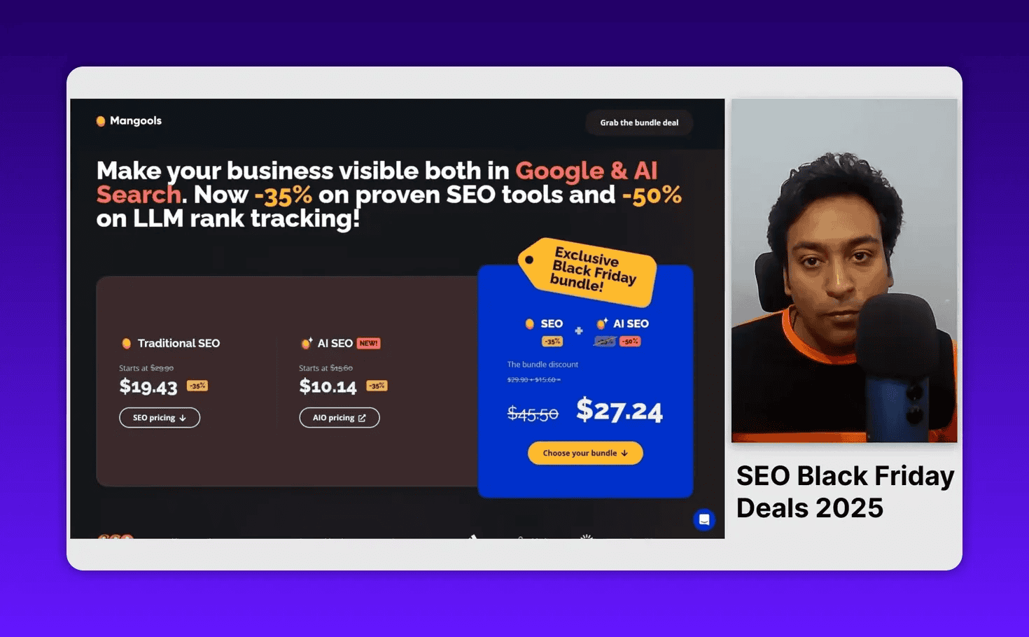 Clear screenshot of Mangools Black Friday pricing slide with host and microphone visible to the right