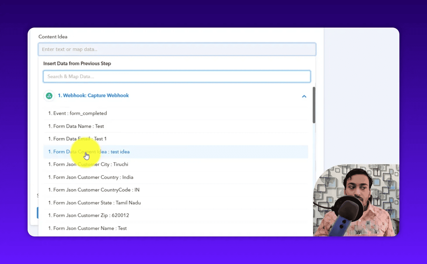 Captured webhook field 'Form Data Content Idea : test idea' highlighted in Pabbly's data list ready to be mapped into Notion.