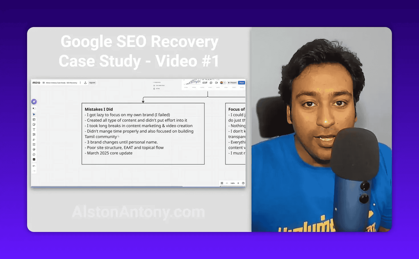 Clear screenshot of a 'Mistakes I Did' slide (lists '3 brand changes') with the presenter speaking into a microphone at right.