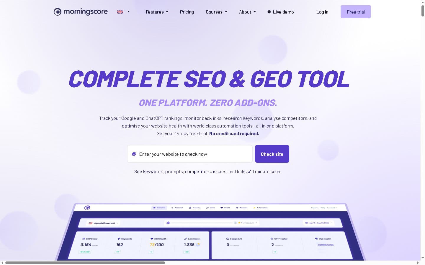 Morningscore SEO and GEO tool dashboard with SEO score, keyword tracking, link score, and Google AIO visibility metrics