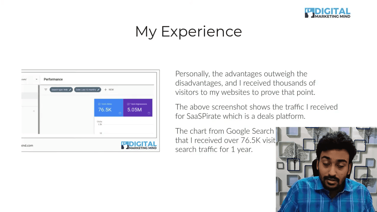 Slide titled 'My Experience' with a Google Search Console screenshot highlighting 76.5K clicks and explanatory text, presenter inset at lower-right.