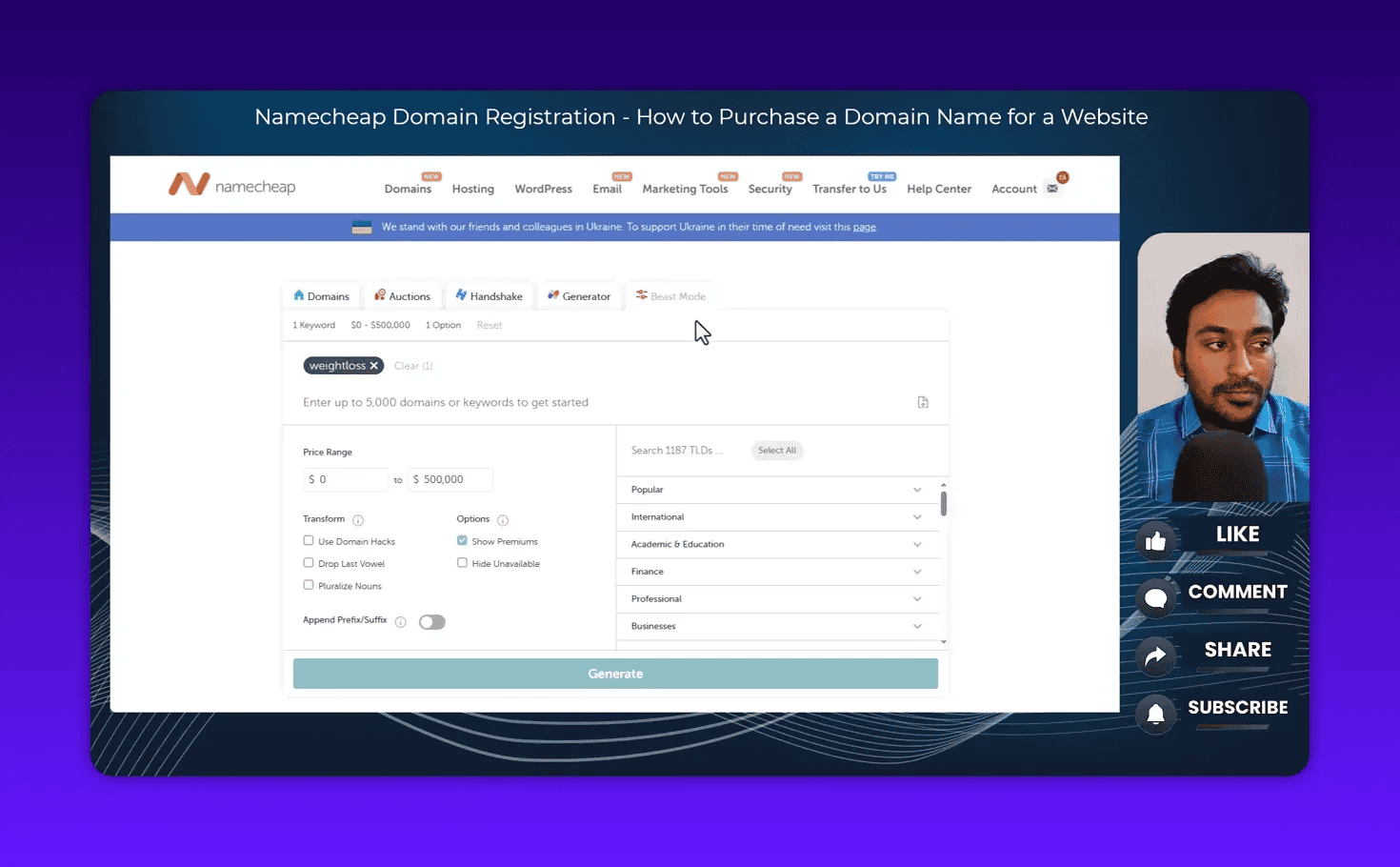 Namecheap Beast Mode screen showing input for up to 5,000 domains, price range and generate button
