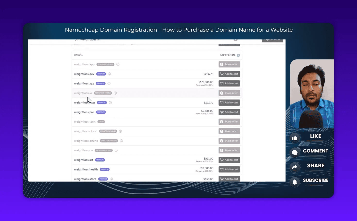 Namecheap domain search results highlighting premium domains and prices