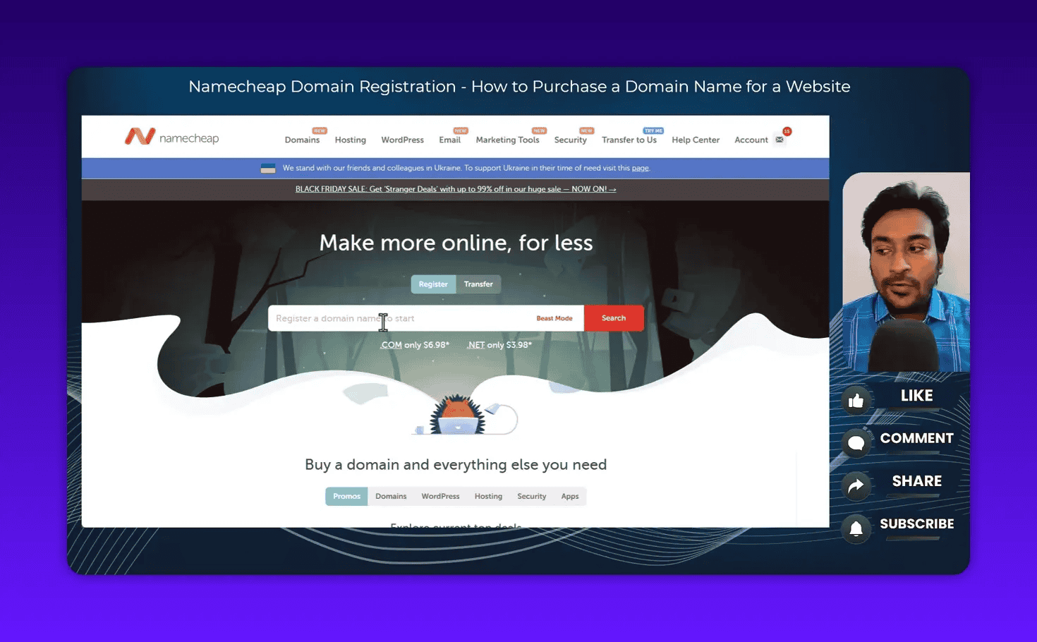 Namecheap homepage showing domain search input with cursor in the field, Beast Mode tag and Search button