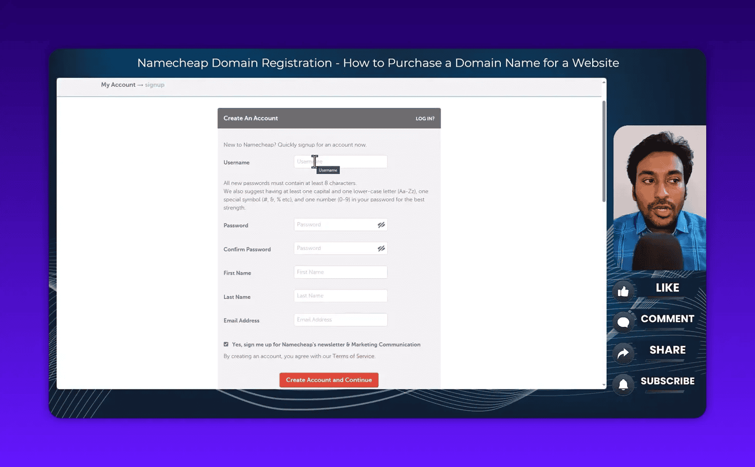 Close view of Namecheap create account form with fields and Create Account and Continue button