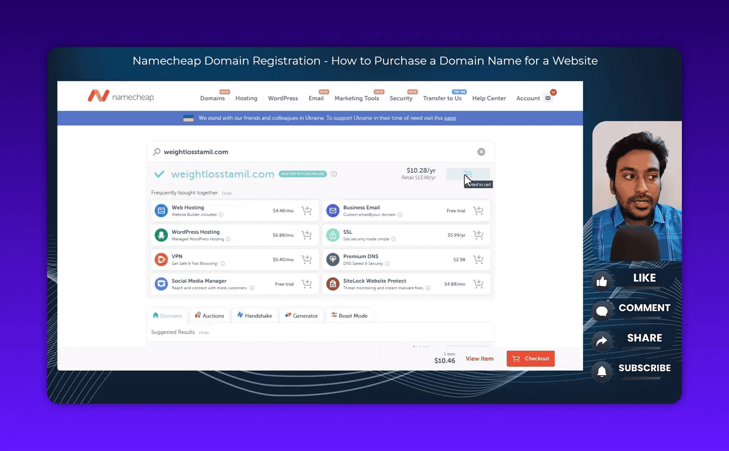Namecheap 'Frequently bought together' panel showing web hosting, WordPress hosting, business email, SSL and other add-on options with prices and add-to-cart icons
