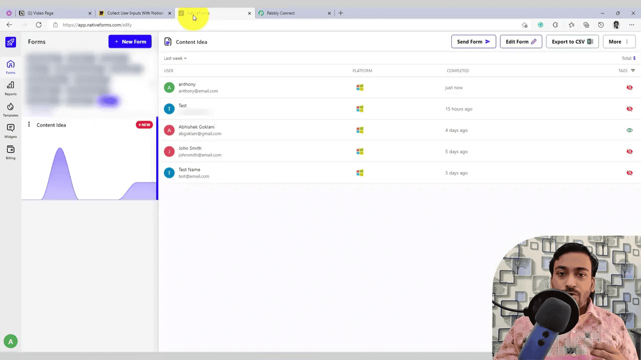 NativeForms dashboard with a list of submitted form entries and a presenter video overlay in the corner