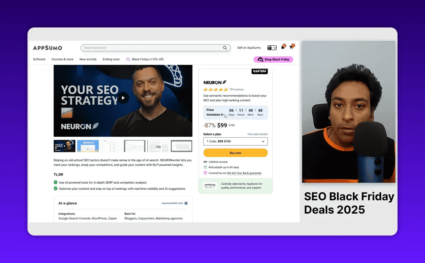 NEURONwriter AppSumo page screenshot showing product preview, pricing card, TL;DR and presenter at right