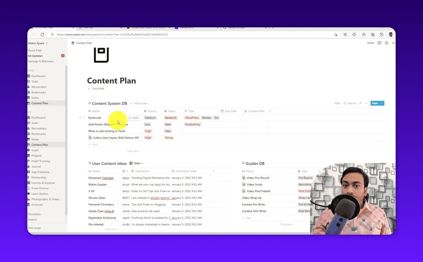 Notion workspace 'Content Plan' showing the Content System DB and User Content Ideas table populated with example rows; presenter inset at bottom-right.