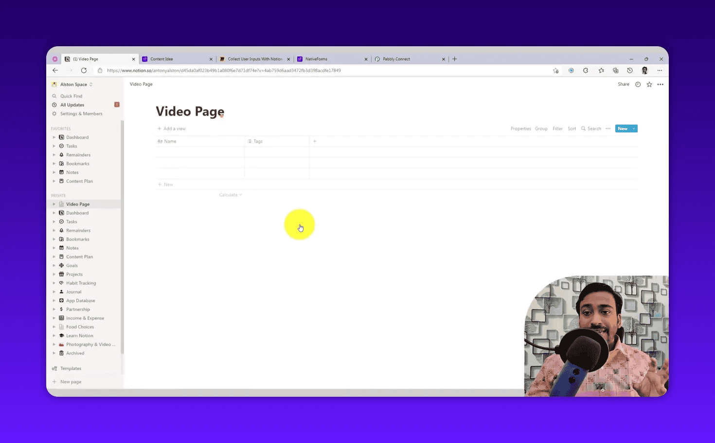 Notion page showing a table database view with columns and empty rows