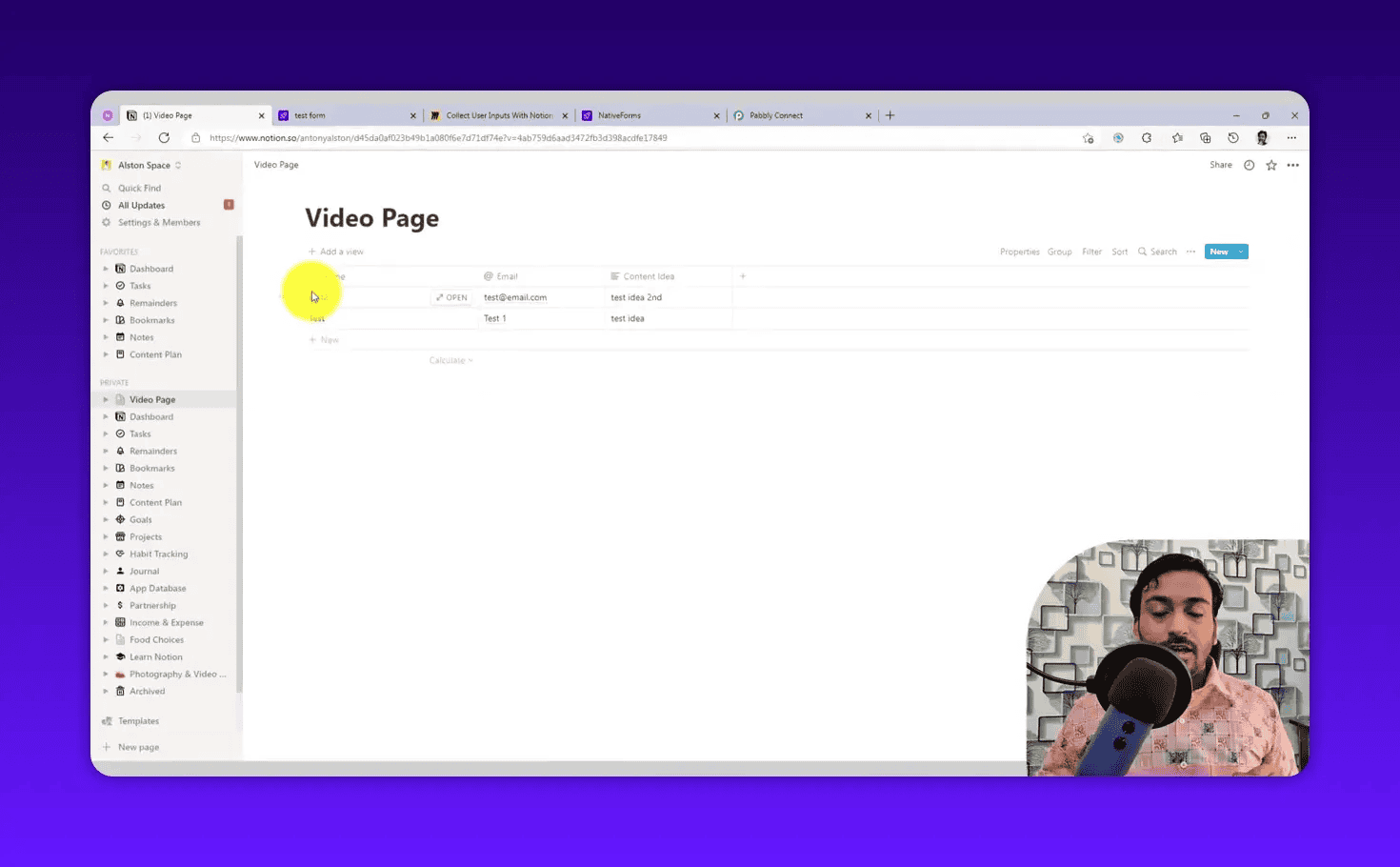 Full Notion Video Page with sidebar and table showing test rows (name, email, content idea) after a webhook test