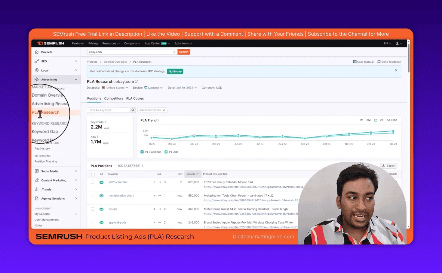 Semrush PLA Research dashboard showing left navigation with PLA Research highlighted, PLA Trend chart and positions list visible.