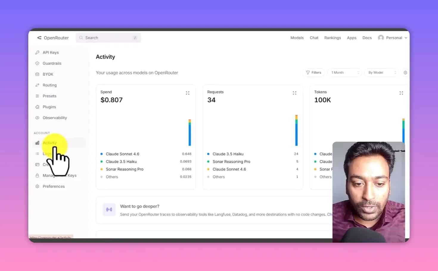 OpenRouter activity dashboard with spend, request count, and token usage by model
