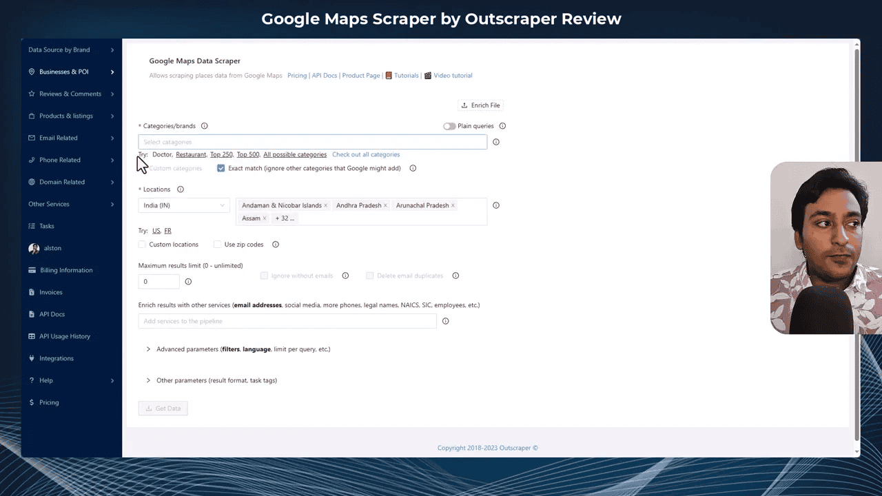 Outscraper Google Maps Data Scraper screen showing category input, suggestions and the 'Exact match' checkbox in the query setup