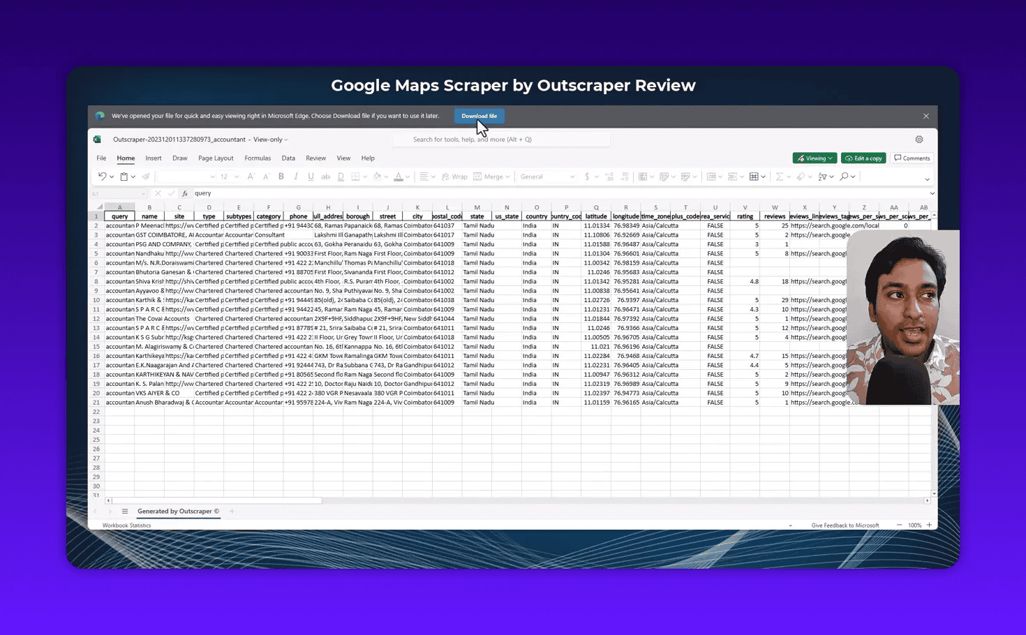 Outscraper exported spreadsheet (XLSX) showing columns: query, name, category, phone, full address, latitude, longitude, rating and reviews