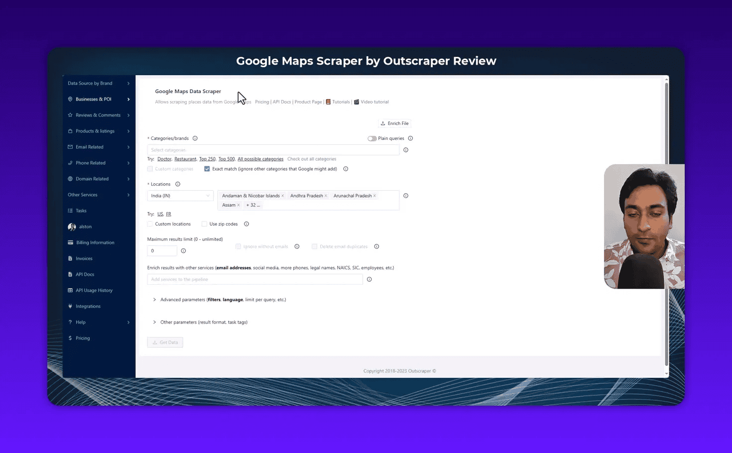 Outscraper Google Maps Data Scraper interface showing category selection, exact match option, and location fields