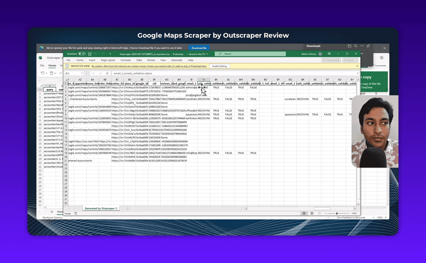 Clear view of Outscraper-generated spreadsheet with business rows, discovered emails and validation columns, small presenter inset