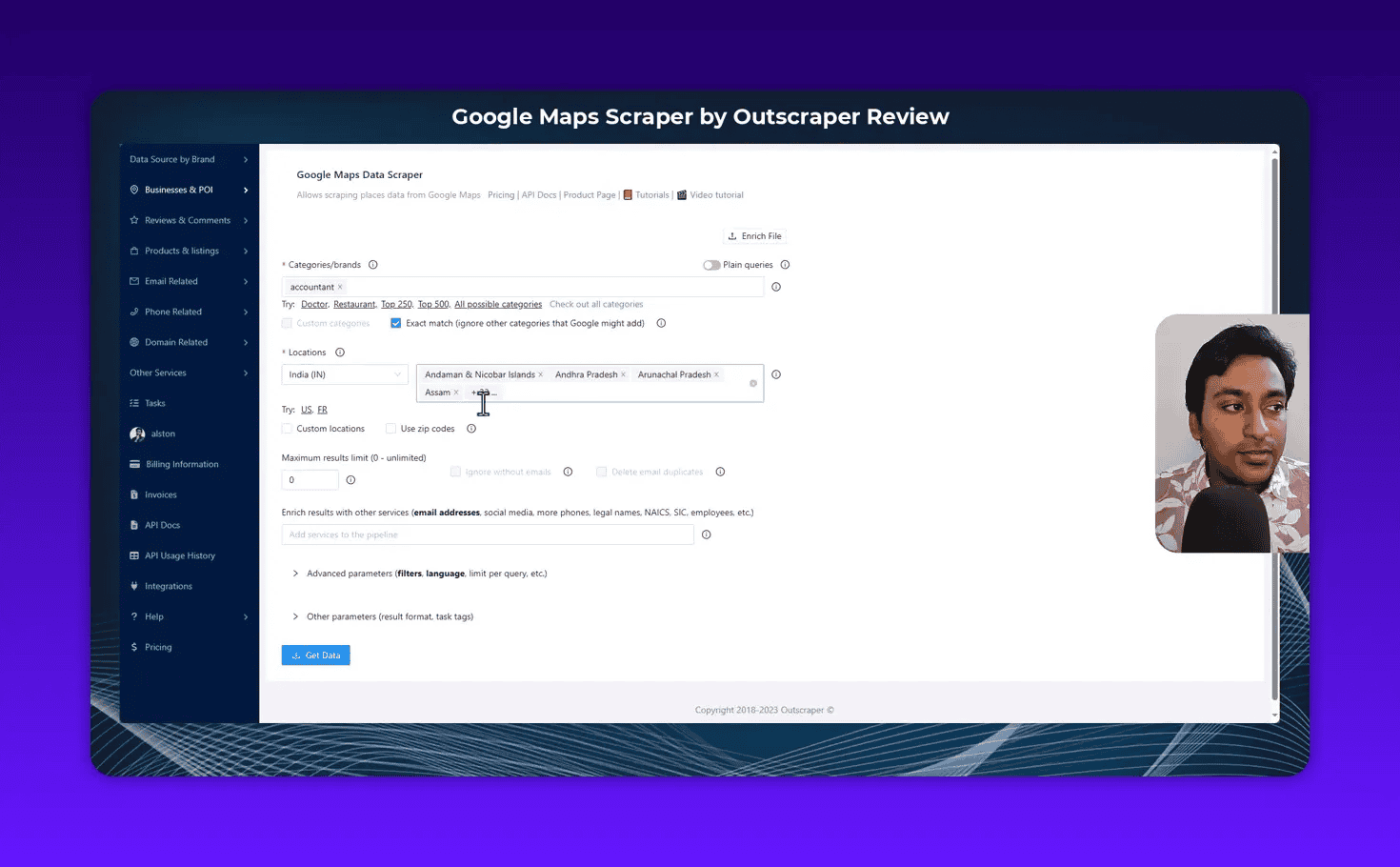 Outscraper Google Maps scraper UI with India selected and several states shown in the location field