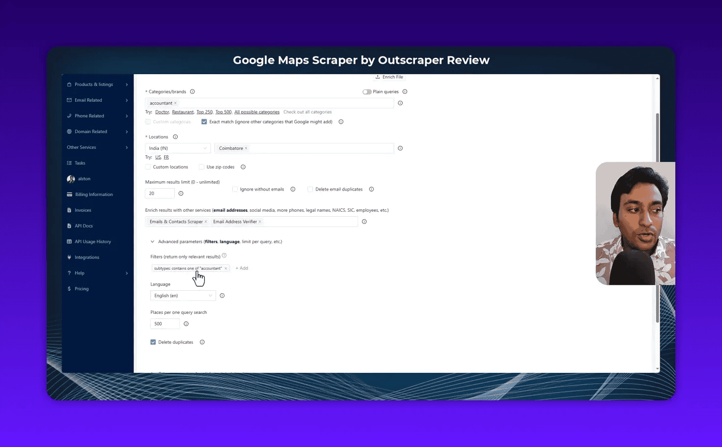 Clear Outscraper settings screenshot showing the 'subtypes: contains one of 