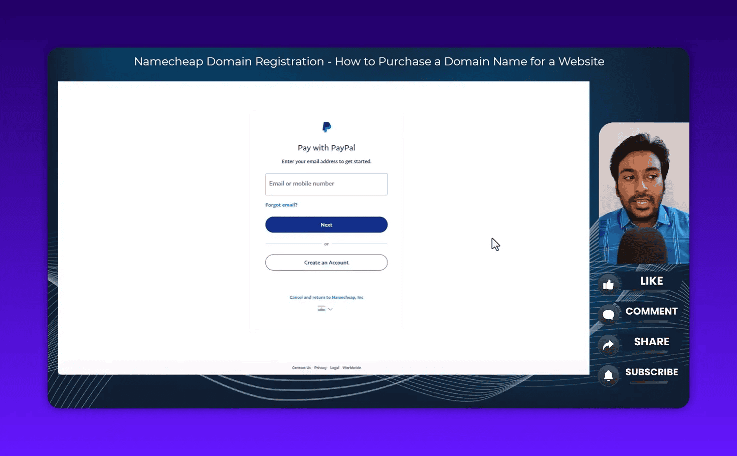 PayPal 'Pay with PayPal' login screen displayed during Namecheap payment flow with input for email or mobile number