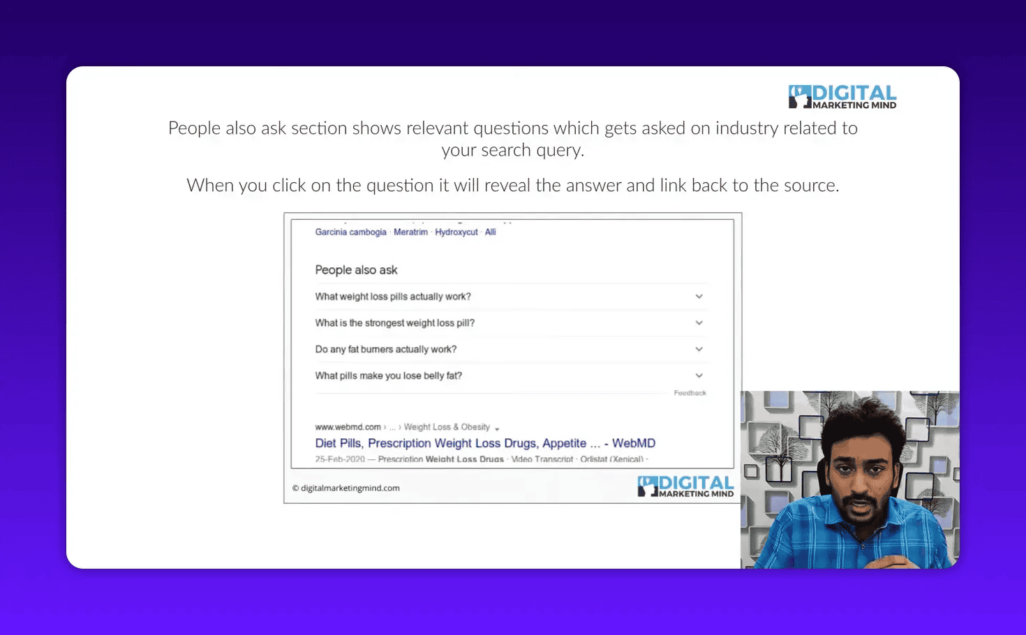 Clear presentation slide showing the Google People Also Ask section with multiple example questions and a small presenter inset