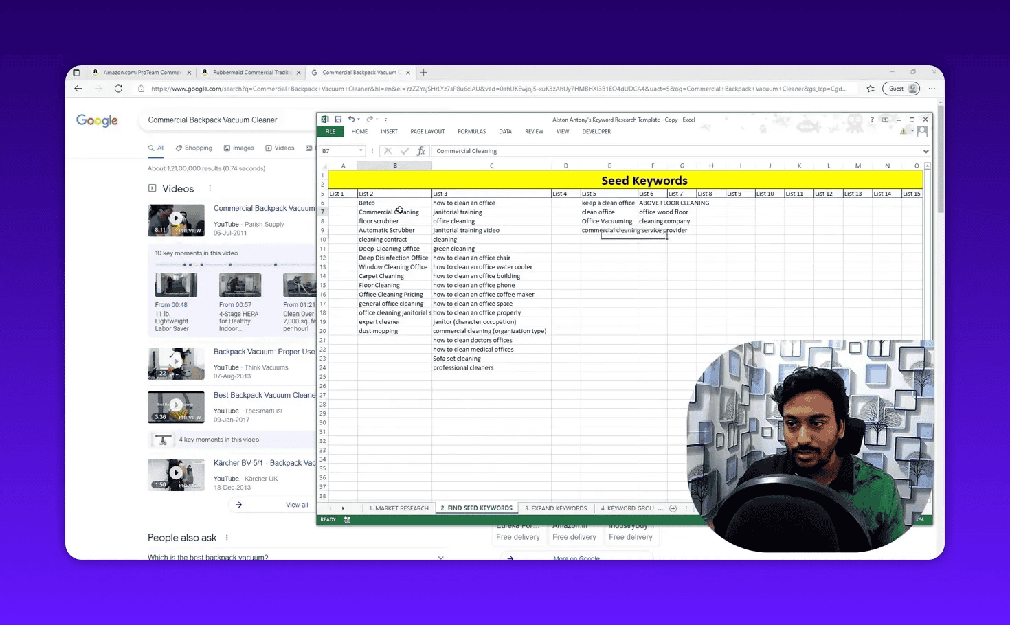 Populated seed keywords spreadsheet showing lists of blog-style topics and long-tail phrases with presenter overlay