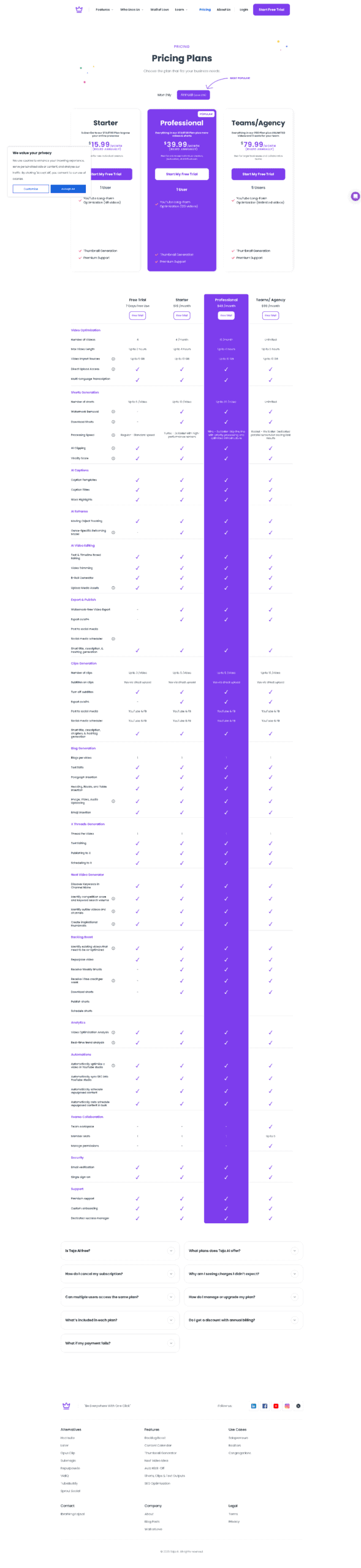 Taja AI pricing page comparing Free Trial, Starter, Professional, and Teams plans