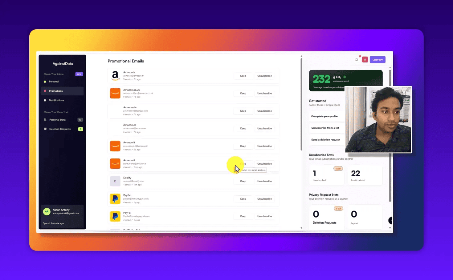 AgainstData promotional emails list showing multiple senders (Amazon, PayPal, etc.) with Keep and Unsubscribe buttons visible.