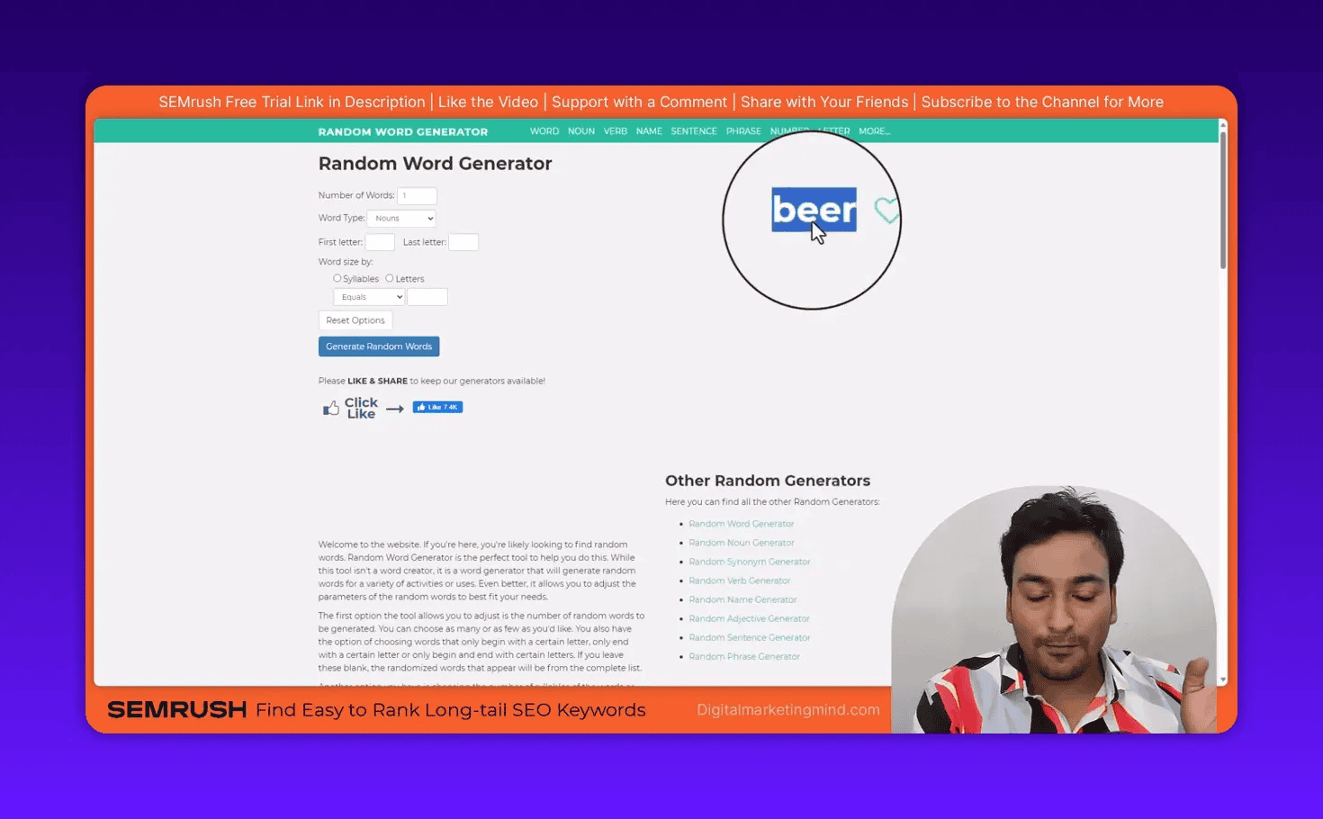 Random Word Generator showing the word 'beer' highlighted inside a magnifier