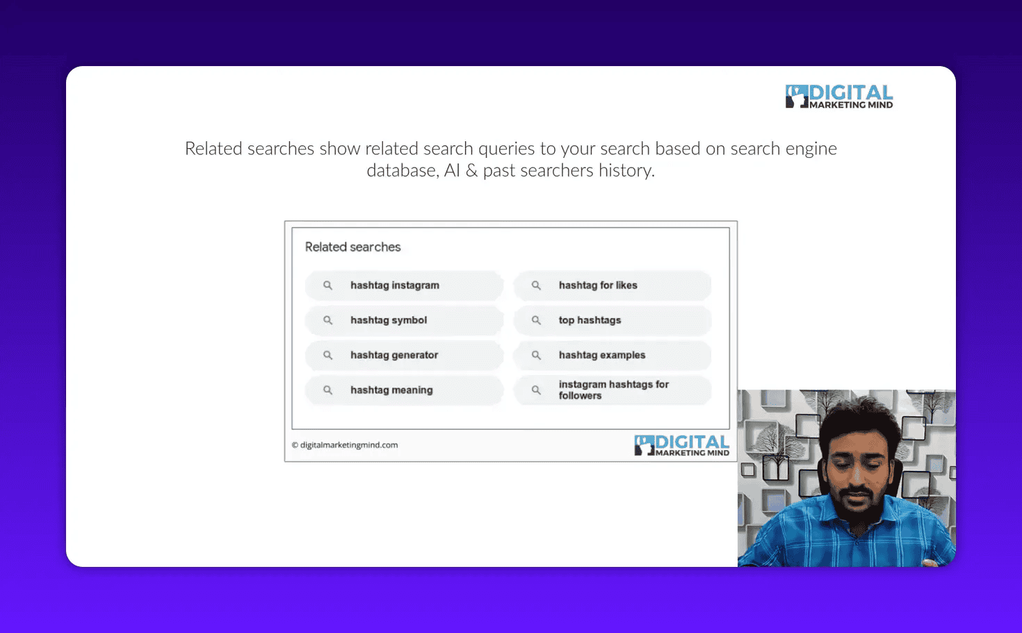 Clear slide showing the 'Related searches' suggestions list on a SERP with presenter inset on the right